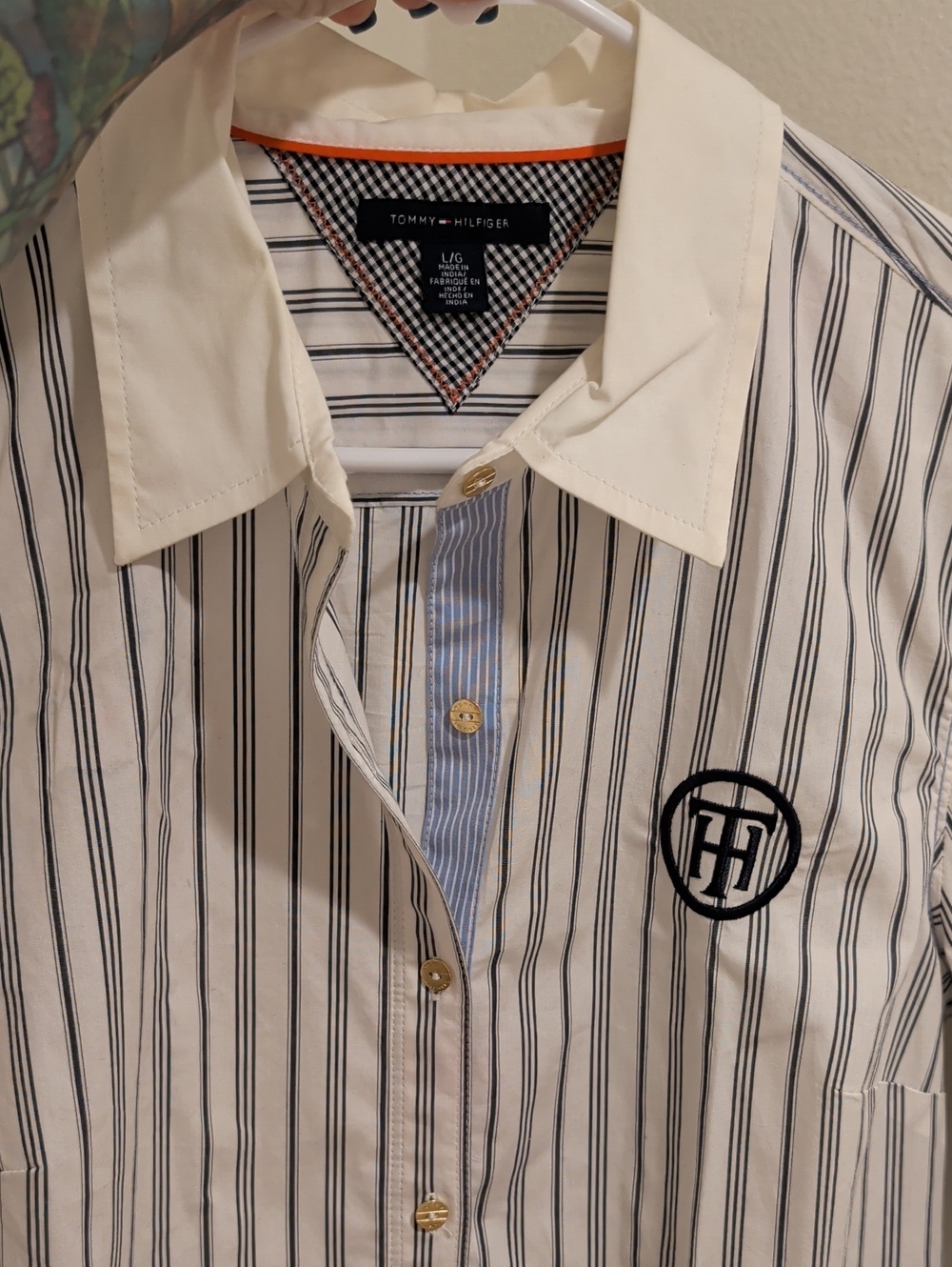 Tommy Hilfiger Woman's Crest White & Navy Striped Button-Up Long Sleeve Shirt